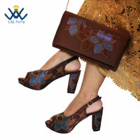 Thumbnail for Coffee Color 2023 New Design African Women Shoes and Bag Set Peep Toe with Shinning Crystal for Wedding Party