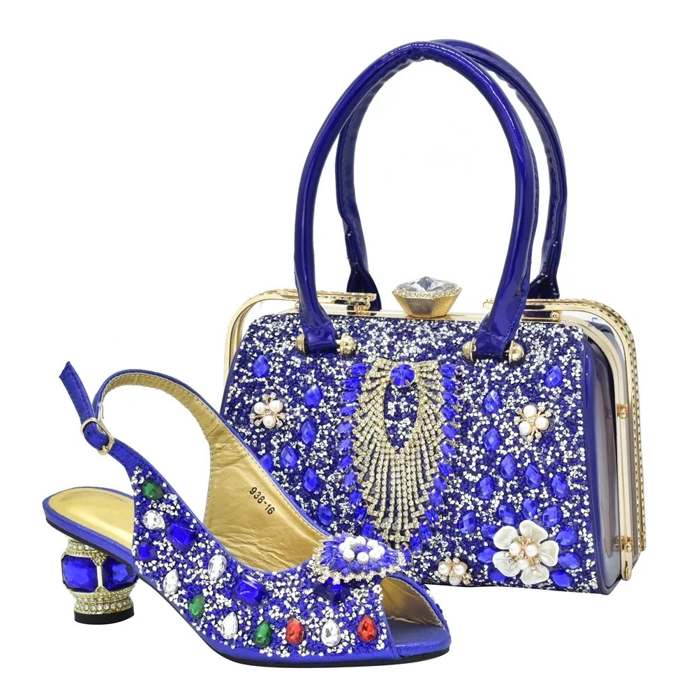 African Women Shoe and Bags Set with Rhinstone Plus Size Shoes Luxury Italian Shoes and Bags Matching Set Wedding Shoes Bride