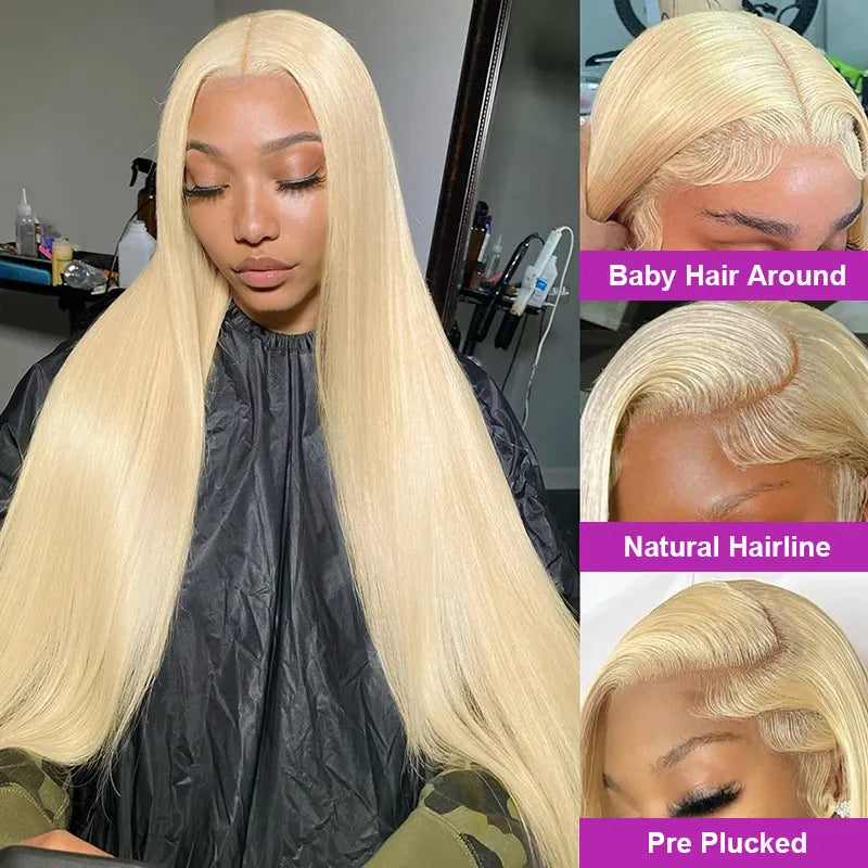 Wear and Go 200% Density Human Hair 613 Straight HD Lace Front Wig 13x4 Brazilian Virgin Blonde Lace Frontal Wigs Glueless