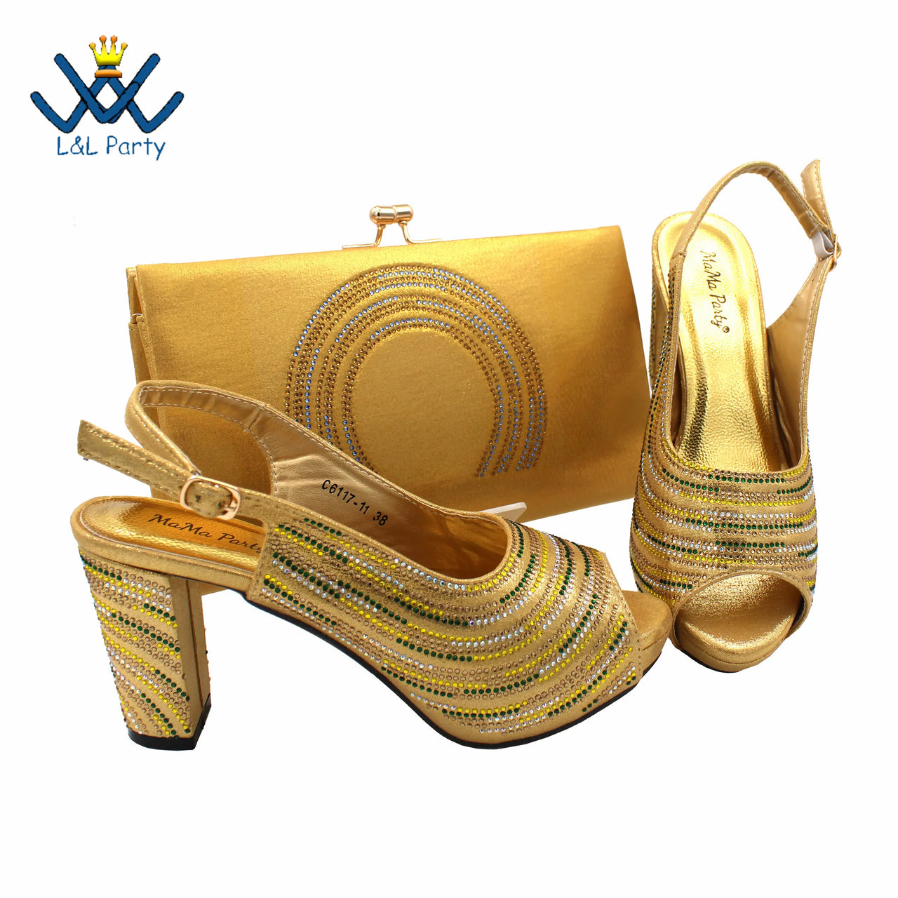 2023 New Design African Women Shoes and Bag Set Peep Toe Gold Color with Shinning Crystal for Wedding Party