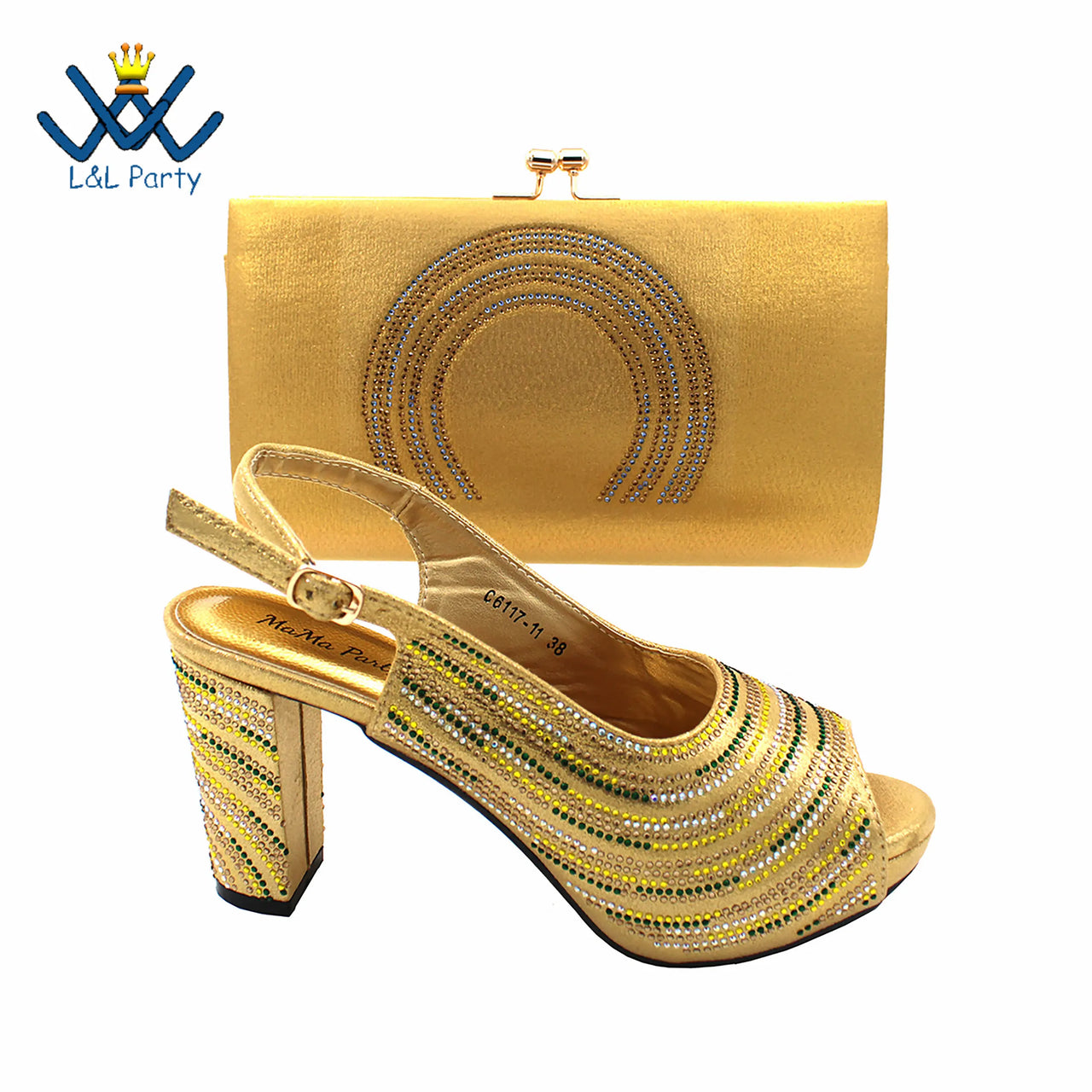 2023 New Design African Women Shoes and Bag Set Peep Toe Gold Color with Shinning Crystal for Wedding Party