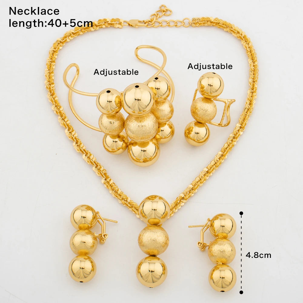 Dubai Gold Plated Beads Jewelry Set Pendant Necklace and Clip Earrings African Bride Cuff Bangle Finger Ring 4Pcs Set Jewellery