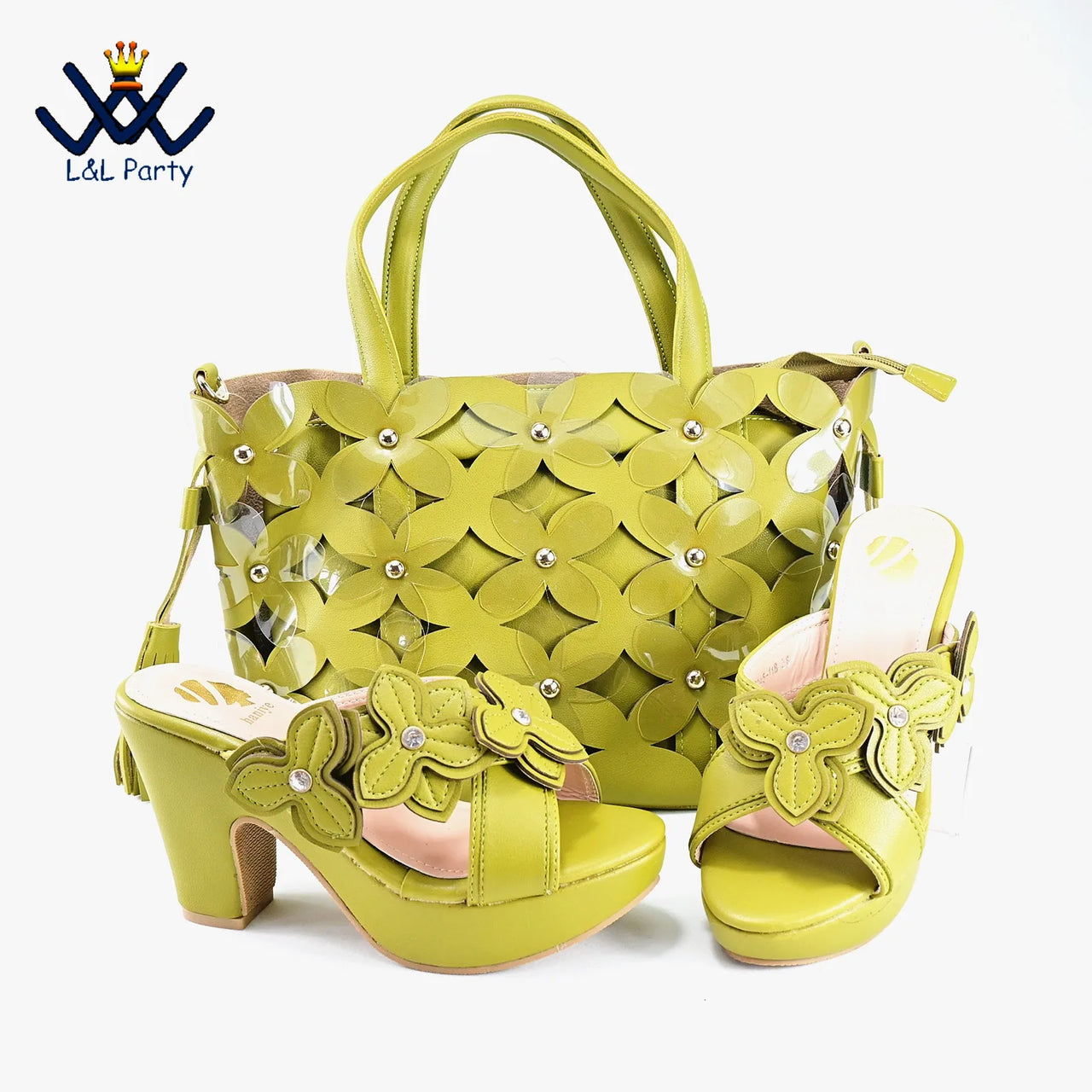 Classics Style Slipper with Platform Elegant African Women Shoes Matching Bag Set in Lemon Green Color for Wedding Party