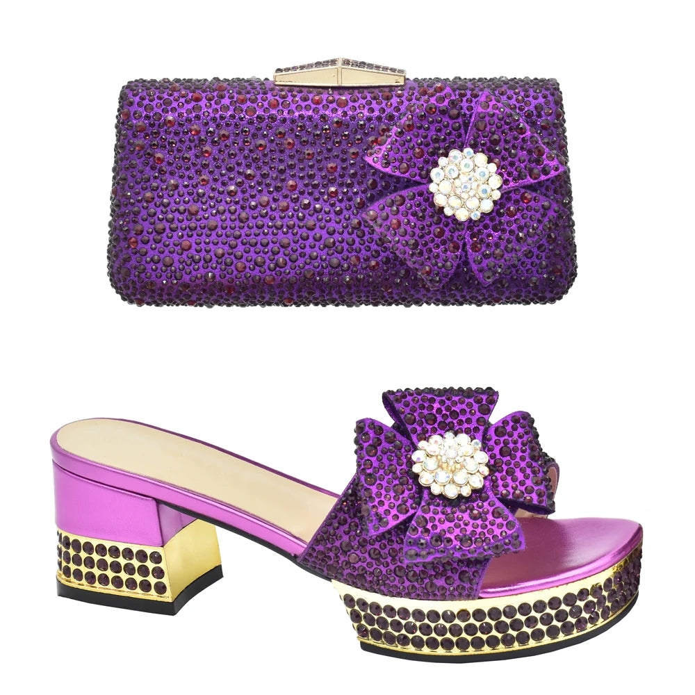 Latest Design African Wedding Shoes and Bag Set Decorated with Rhinestone Italian Ladies Shoes and Bags To Match Set for Party