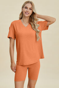 Thumbnail for Basic Bae Full Size Ribbed V-Neck Short Sleeve Top and Shorts Set