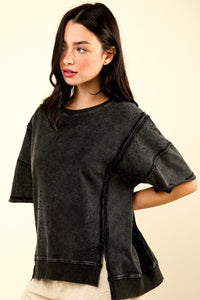 Thumbnail for VERY J Round Neck Exposed Seam Slit T-Shirt