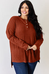 Thumbnail for Basic Bae Full Size Ribbed Half Button Long Sleeve High-Low T-Shirt