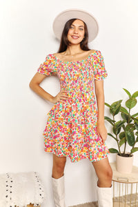 Thumbnail for Devine Smocked Sweetheart Neck Flounce Sleeve Mini Dress