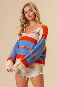 Thumbnail for BiBi Multi Color Stripe Scoop Neck Sweater