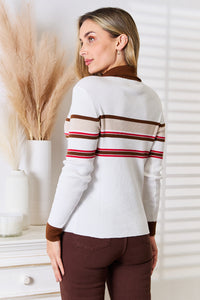 Thumbnail for Basic Bae Striped Collared Neck Rib-Knit Top