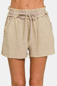 Thumbnail for Zenana Washed Frayed Hem Drawstring Shorts