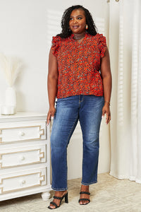 Thumbnail for Double Take Floral Flutter Sleeve Notched Neck Blouse