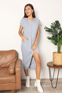 Thumbnail for Perfee Short Sleeve Front Slit Hooded Dress