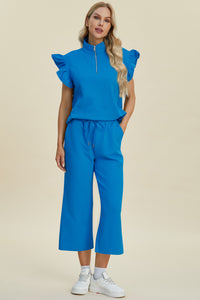 Thumbnail for Double Take Full Size Texture Ruffle Short Sleeve Top and Wide Leg Pants Set