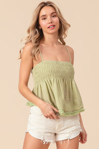 Thumbnail for BiBi Fringed Hem Smocked Cami