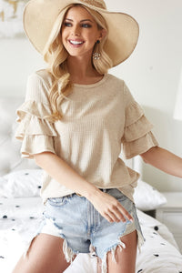 Thumbnail for BiBi Waffle Knit Layer Ruffled Sleeve Top