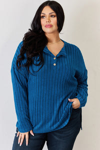 Thumbnail for Basic Bae Full Size Ribbed Half Button Long Sleeve High-Low T-Shirt