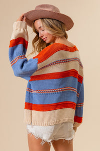 Thumbnail for BiBi Multi Color Stripe Scoop Neck Sweater