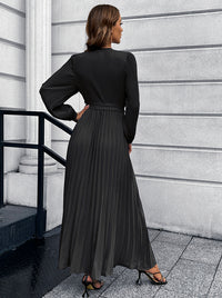 Thumbnail for V-Neck Tie Waist Pleated Maxi Dress