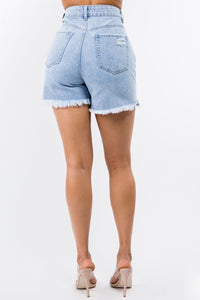 Thumbnail for American Bazi High Waist Distressed Raw Hem Denim Shorts