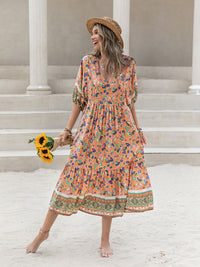 Thumbnail for Printed V-Neck Short Sleeve Maxi Dress