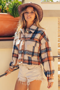 Thumbnail for BiBi Brushed Plaid Crop Jacket with Pockets