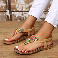 Thumbnail for PU Leather Beaded Flat Sandals