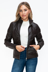 Thumbnail for YMI Faux Layered Double-Zipper Jacket with Fuzzy Hood