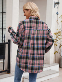 Thumbnail for Mandy Pocketed Plaid Collared Neck Long Sleeve Shirt