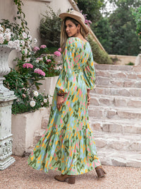 Thumbnail for Printed Tie Neck Long Sleeve Maxi Dress