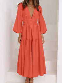 Thumbnail for Deep V-Neck Balloon Sleeve Plain Maxi Dress