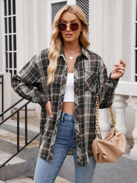 Thumbnail for Mandy Pocketed Plaid Collared Neck Long Sleeve Shirt