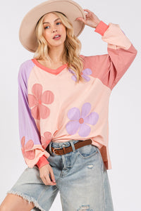 Thumbnail for SAGE + FIG Full Size Daisy Applique Patch Color Block Long Sleeve Top