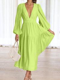 Thumbnail for Deep V-Neck Balloon Sleeve Plain Maxi Dress