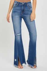 Thumbnail for RISEN Full Size High Rise Front Slit Frayed Hem Flare Jeans