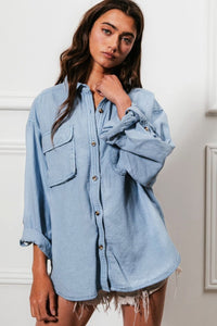 Thumbnail for BiBi Button Down Stitch Detail Shirt with Chest Pockets