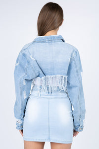 Thumbnail for American Bazi Distressed Denim Jacket with Frayed Hem