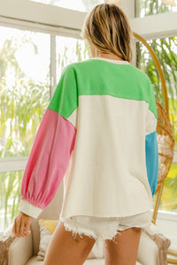 Thumbnail for BiBi Color Block Patched Long Sleeve Top