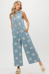 Thumbnail for BiBi Star Print Half Zip Sleeveless Denim Jumpsuit