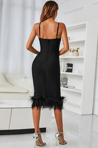 Thumbnail for Spaghetti Strap Feather Trim Bodycon Dress