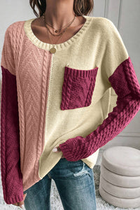 Thumbnail for Double Take Full Size Color Block Drop Shoulder Sweater