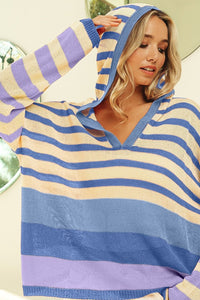 Thumbnail for BiBi Striped Color Block Hooded Knit Top