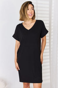 Thumbnail for Zenana Full Size Rolled Short Sleeve V-Neck Dress