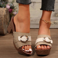 Thumbnail for Buckle Trim Block Heel Sandals