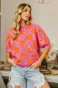 Thumbnail for BiBi Checkered Short Sleeve Sequin Sweater