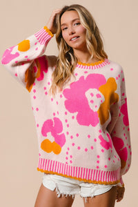 Thumbnail for BiBi Flower Pattern Contrast Sweater