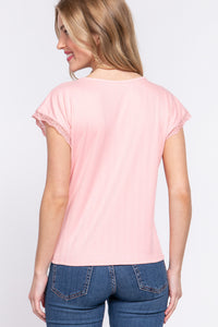 Thumbnail for ACTIVE BASIC Lace Trim V-Neck Short Sleeve Ribbed Top