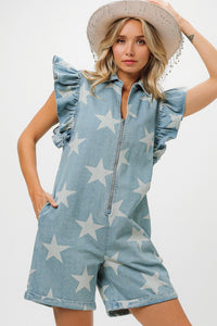 Thumbnail for BiBi Ruffled Star Half Zip Denim Romper