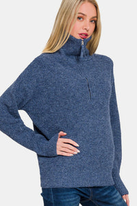 Thumbnail for Zenana Half Zip Long Sleeve Sweater