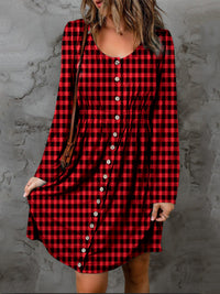 Thumbnail for Double Take Full Size Plaid Round Neck Long Sleeve Magic Dress